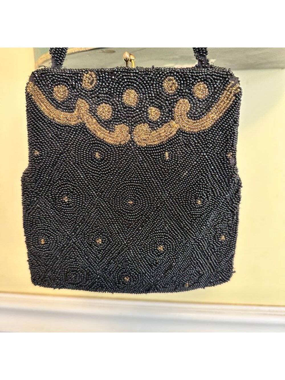 Vintage Black & Gold Beaded Evening Bag With Handle & Clasp Closure